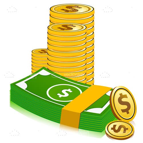 Stacks of Gold Coins and Green Notes with Dollar Symbols